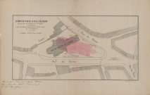 Extrait du plan de la Ville d'Alençon indiquant l'emplacement de l'église à construire, entre les limites de la voirie et les murs du presbytère (éch: 1/500, 39.5 x 31.5 cm, 15/10/1879), imprimerie Eugène de Broise.