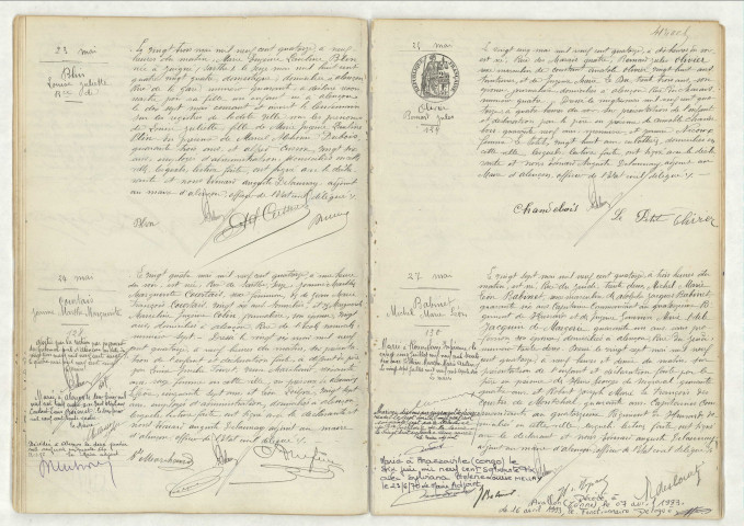 Reconnaissance de BLIN Louise Juliette (23 mai 1914),acte de naissance de COURTAIS Jeanne Marthe Marguerite (24 mai 1914),acte de naissance de OLIVIER Bernard Jules (25 mai 1914),acte de naissance de BABINET Michel Marie Léon (27 mai 1914).