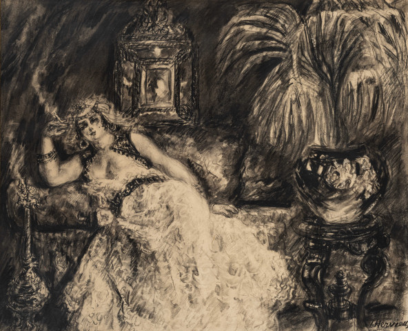 L'odalisque fumant, fusain, Louise Jeanne Aimée Hervieu, (40.5cm x 50cm), collection Bismuth-Etcheverry, acquisition 2024, AMA.