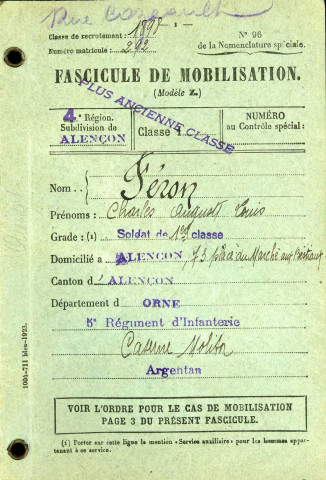 Livret militaire de FÉRON Charles Auguste Louis (classe 1898)