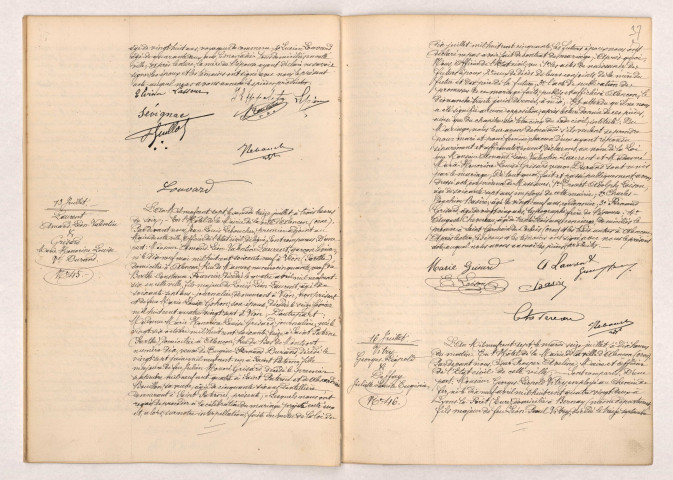 Acte de mariage de LEPAIN Hippolyte Marie et LASSEUR Marie Eugénie Alvina veuve DUGUET (10 Juillet 1907), LAURENT Amand Léon Valentin et GRISARD Marie Honorine Louise veuve DURAND (13 Juillet 1907), VITRY Georges Léopold et DEFFAY Juliette Louise Eugénie (16 Juillet 1907).