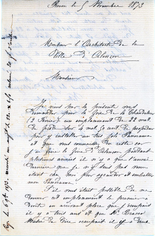Foire de la Chandeleur (1874), demandes de boutiques sous la coupole de la Halle au Blé, sur la place d'Armes : états nominatifs, correspondance, flyers, plans, mémoires.