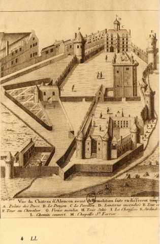 Alençon (Orne), vue du château d'Alençon avant la démolition faite en différent temps, carte postale ancienne sépia n°4, LL, Lévy et Neurdein, Paris, sd, (14x9), AMA, 2 exemplaires.
