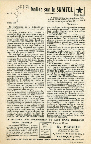 Notice sur le sanitol par R. Pesche, pharmacien de 1ère classe, ex-interne des hôpitaux, 4 place de la Halle-au-Blé, Alençon. Notice sur le sanitol par M. Pesche, pharmacienne, 4 place de la Halle-au-Blé, Alençon.