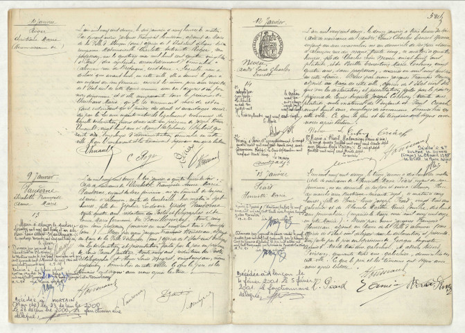 Reconnaissance de ROGER Christiane Marie (9 janvier 1912),acte de naissance de VAUDORNE Elisabeth Françoise Anne Marie (9 janvier 1912),acte de naissance de NEVEU André Louis Charles Ernest (12 janvier 1912),acte de naissance de PEARD Henriette Marie (13 janvier 1912).