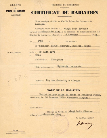 Certificat de radiation n°1792 de l'immatriculation au registre du commerce du 5 janvier 1921 pour l'épicerie mercerie du 51 rue Cazault, suite au décès de FERON Charles Auguste Louis(28 février 1955).