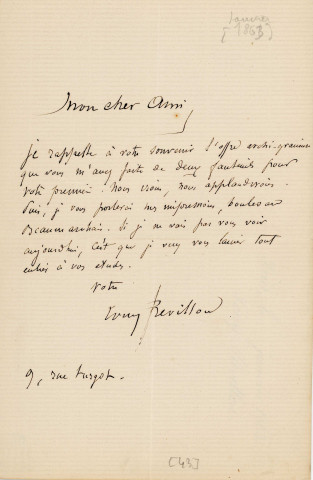 Lettre autographe signée de l'écrivain Tony Révillon à l'acteur Adolphe Laferrière [1863] .
