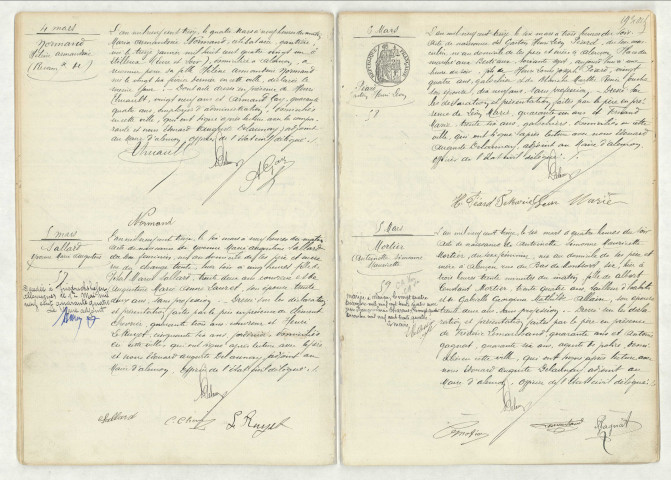 Reconnaissance de NORMAND Hélène Armandine (4 mars 1913),acte de naissance de SALLARD Yvonne Marie Augustine (5 mars 1913),acte de naissance de PEARD Gaston Henri Léon (6 mars 1913),acte de naissance de MORTIER Antoinette Simonne Mauricette (5 mars 1913).