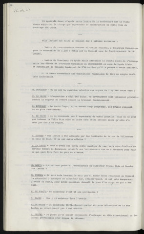 Remercîments pour subvention du comité régional d'expansion économique, échange entre les élèves Artland Gymnasium de Quakenbrück et ceux du lycée Alain. Expertise pour l'orgue de l'église Notre Dame, maitre LEVAVASSEUR. Lotissement de la rue Villeneuve. Demande d'aménagement du carrefour Rhin et Danube.