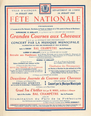 Fête nationale du quatorze juillet 1925, organisation par la commission des fêtes : correspondance, affiche,programme, flyer, enveloppes YMCA, bons de consommation.