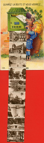 Alençon (Orne), "Ouvrez la boite et vous verrez Alençon, carte postale humoristique à système couleur n°155, Artaud père et fils, éditeur, Nantes, éditions Gaby, sd, (14x9), AMA.