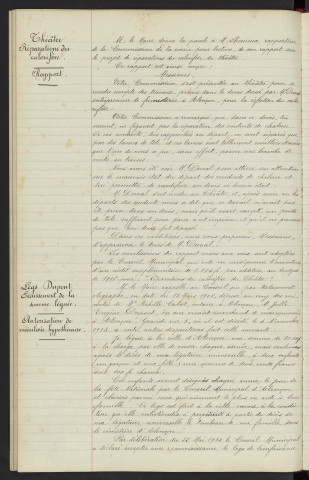 Théâtre, entrepreneur de fumisterie M. DUVAL répartitions du calorifère, rapport. Legs DUPONT Jules Eugène, encaissement de la somme léguée, autorisation de mainlevée hypothécaire, notaire M. CABOT Achille