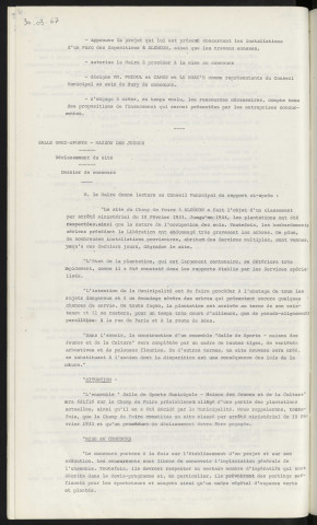 Parcs des expositions, dossier de concours, Foire Exposition à la Halle au Blé et sur la place Foch, corso fleuri. Salle omnisports, maison des jeunes, déclassement du site, dossier de concours.