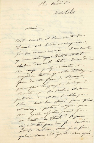 Lettre autographe signée de la femme de lettres Louise Colet au comédien Louis Fortuné Adolphe Laferrière [1872].