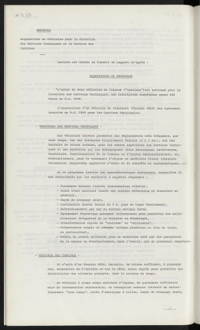 Matériel, acquisition de véhicules pour la direction des services techniques et le service des cantines.
