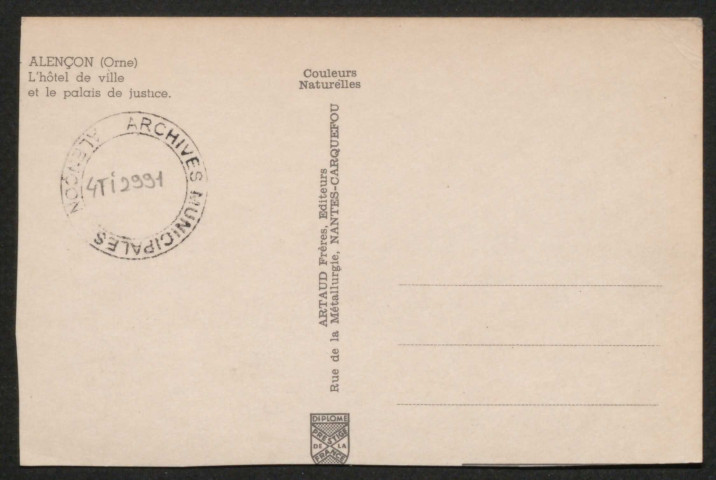 Alençon (Orne), L'Hôtel de ville et Le Palais de justice, carte postale ancienne noir et blanc, Artaud frères, éditeur, Nantes-Carquefou, sd, (14x9), AMA.