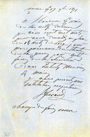 Foire de la Chandeleur (1871), demandes de boutiques sous la coupole de la Halle au Blé, sur la place d'Armes : états nominatifs, correspondance, flyers, plans, mémoires.