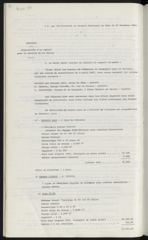 Matériel, acquisition d'un terrain pour le service de la voirie, concessionnaire garage BAYI route de Sées Alençon, Mr TRIBOUL garage Citroën 92 rue de Blaise Alençon, Mr CHAUSSINAN garage de la Pyramide 2 place du général de Gaulle Alençon.