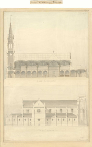 Église Saint Pierre de Montsort, coupe longitudinale, façade latérale, plan, Hédin (éch: 1/100, 120 x 60 cm, 01/12/1875).