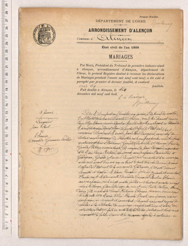 Acte de mariage de JARRIER Alphonse Constant veuf POULLET et NICOLLE Louise Léopoldine (22 janvier 1909), Acte de mariage de GUICHARD Albert François et CHESNAIS Berthe Henriette Marie (23 janvier 1909), Acte de mariage de BESLUAU Marcel Anatole et FRANCOIS Charlotte Eugénie (23 janvier 1909).