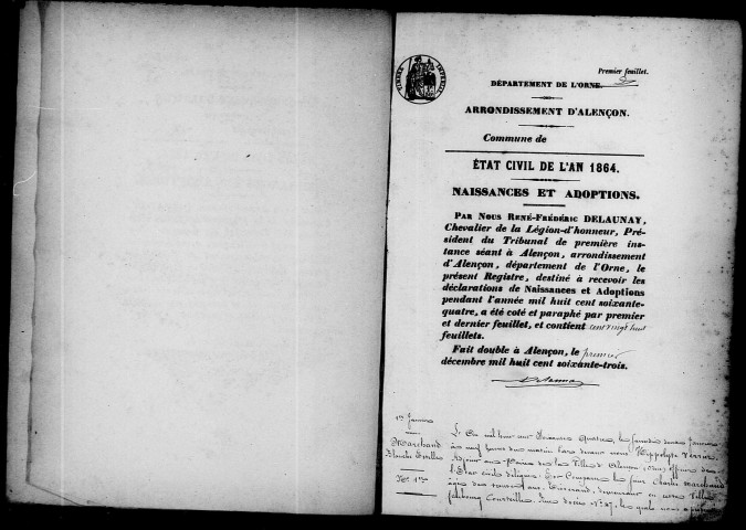 Registre des actes de naissance et adoption (1864).