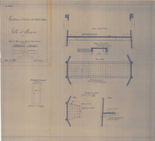 Construction d'un château d'eau de 300m3, détails, passerelle, paliers, meurtrières : vue en plan, coupe longitudinale, coupes, plans(Larbanet, éch : 1/200, plan n°26, 7 août 1936).