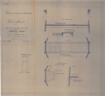 Construction d'un château d'eau de 300m3, détails, passerelle, paliers, meurtrières : vue en plan, coupe longitudinale, coupes, plans(Larbanet, éch : 1/200, plan n°26, 7 août 1936).