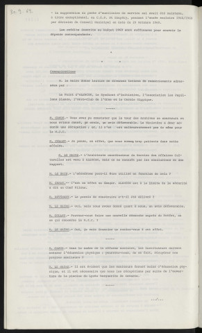 Personnel des écoles, modification du tableau des effectifs. Remerciement du Point d'Alençon, le syndicat d'initiative, l'association les papillons blancs, l'aéro-club de l'Orne et le cercle hippique. Dérogation pour la construction de la tour des archives. Réforme scolaire, éducation physique assurée par les instituteurs, ouverture de la piscine Marguerite de Navarre.