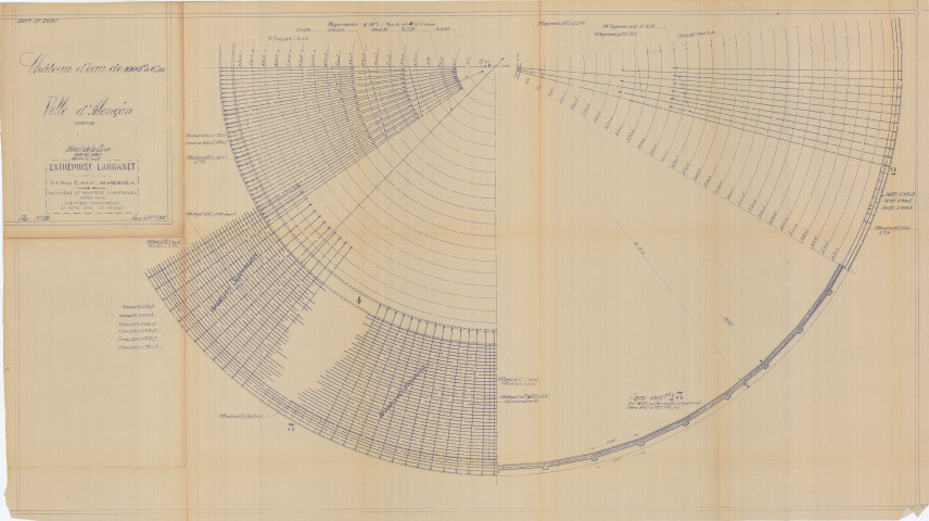 Construction d'un château d'eau de 1000m3, détail de la cuve, vue en plan : élévation, coupes (Larbanet, éch : 1/200, plan n°19, 20 juillet 1936).