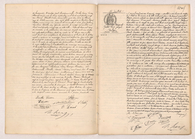 Acte de mariage de HODAN Alphonse Léon Georges et LOISON Berthe Louise (09 juillet 1910), Acte de mariage de FOUQUET Gaston Louis Joseph et PINSON Marie Léonie (16 juillet 1910).