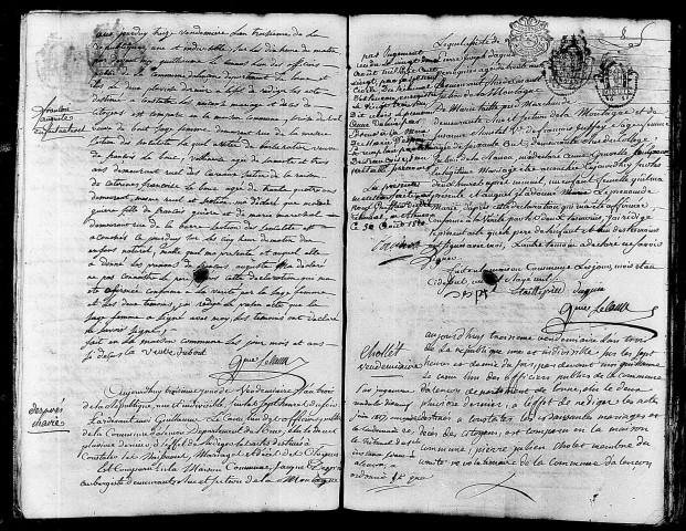 Acte de naissance de GUIERE François Auguste enfant naturel (4 octobre 1794),acte de naissance de DESPRES Marie (4 octobre 1794),acte de naissance de CHOLET Vendémiaire Pierre (4 octobre 1794).