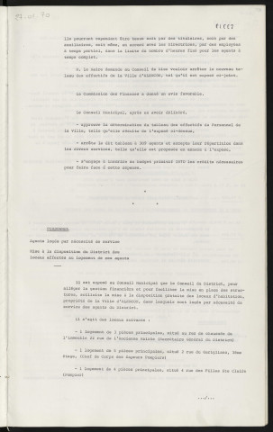 Personnel, détermination du tableau des effectifs. Personnel, agents logés par nécessité de service, mise à la disposition du district des locaux affectés au logement de ces agents.