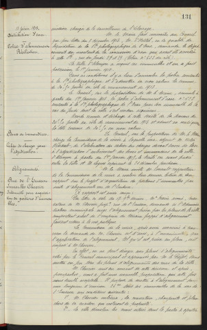 Eclairage public, nomination d'un contrôleur, vote de crédit. Distribution d'eau, police d'abonnement résiliation. Boues et immondices, cahier des charges pour l'adjudication. Alignements, Rue de l'Ecusson, immeubles Chevrier, indemnité pour acquisition de portions d'immeubles