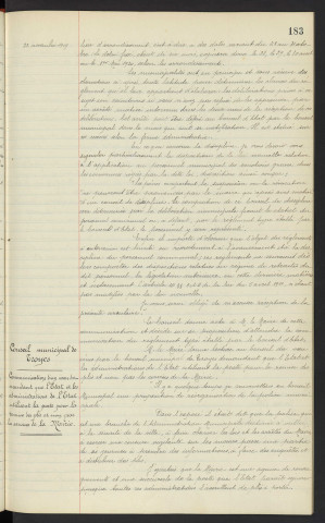 Employé communaux, modifications apportées a la loi du 5 Avril 1884 par la loi du 23 Octobre 1919 pour donner aux employés communaux des garanties de stabilité. Conseil municipal de troupes, communication d'un vœu demandant que l'état et les administrations de l'état utilisent la poste pour la remise des plis et non pas des services de la Mairie