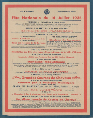 Fête nationale 14 juillet 1935, banquet républicain organisé par le conseil municipal : affiche Imprimerie alençonnaise (28.5 x 59.5).