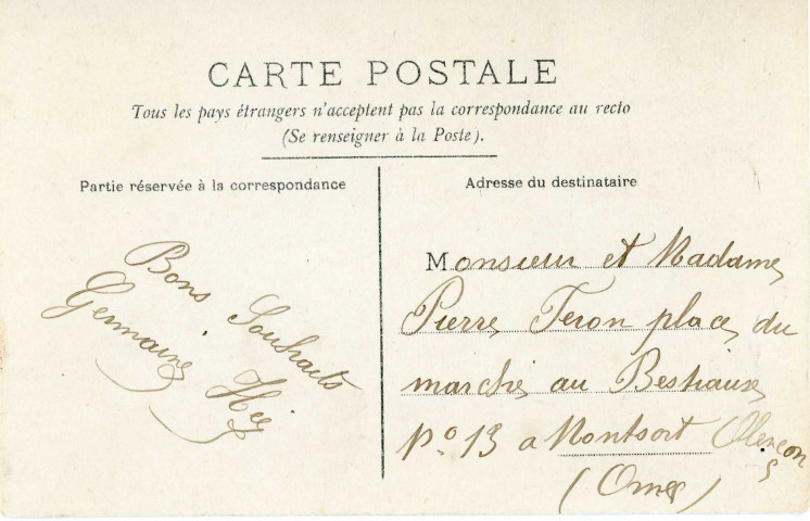 Cartes postales envoyées à Charles Féron et de ses parents demeurant Place du Marché aux Bestiaux, puis 1 Ruelle Piquet à Alençon (collection particulière Chrystel Nail Lemaitre, 2018, AMA).