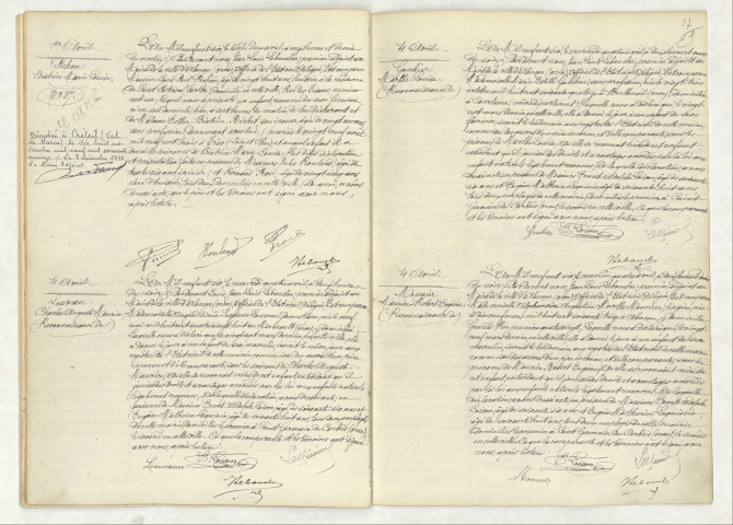 Acte de naissance de PICHON Béatrice Marie Louise (1 avril 1906), reconnaissance de LOUVEAU Charles Auguste Maurice (4 avril 1906), reconnaissance de GOUHIER Marthe Louise (4 avril 1906), reconnaissance de MOUNIER Maurice Robert Eugène (4 avril 1906).