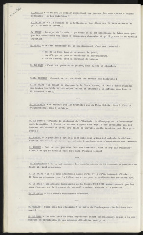 Travaux rues Cerisé, Eugène Lecointre, Sainfoins. Stationnement non respecté rue de la Demi-Lune, rue d'Argentan, rue de Lancrel. Secours aux sinistrés. Mauvais état des trottoirs rue du 49ème Mobile. Règlement de l'abattoir. Programme du 11 Novembre. Aménagement de la place Lancrel.