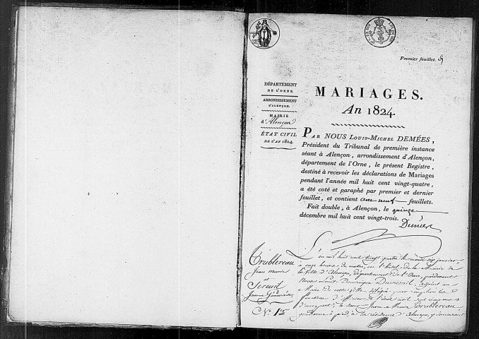 Registre des actes de mariage (1824).