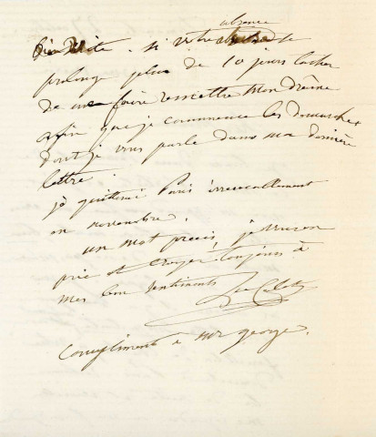 Lettre autographe signée de la femme de lettres Louise Colet au comédien Louis Fortuné Adolphe Laferrière [1873].