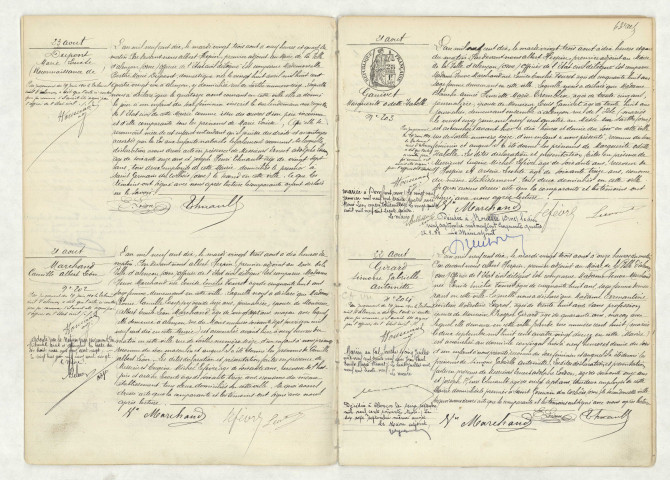 Reconnaissance de DUPONT Marie Louise (23 août 1910),acte de naissance de MARCHAND Camille Albert Léon (21 août 1910),acte de naissance de GANIVET Marguerite Odette Isabelle (21 août 1910),acte de naissance de GIRARD Simone Gabrielle Antoinette (22 août 1910).