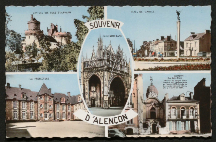 Alençon (Orne), Souvenir d'Alençon, Alençon (Orne), souvenir d'Alençon, Château des Ducs d'Alençon, place du Général Charles de Gaulle, rue Saint-Blaise, la préfecture, église Notre-Dame, carte postale multivues n°1852, Réal-photo, Cie des Arts photomécaniques, Paris 15e, sd.