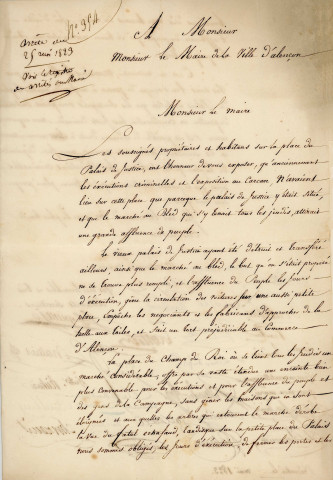 Changement du lieu destiné aux exécutions à morts et de l'exposition aux carcans (Place du Vieux Palais à la Place du Champ-du-Roi Montsort) : arrêtés, correspondance, cahier des charges.