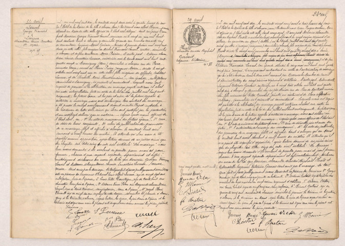 Acte de mariage de LOUVEL Georges François veuf GUÉRIN et LECREUX Alexandrine Louise Ernestine veuve MOIRE (22 avril 1910), Acte de mariage de HUARD Alexandre Amédée Raphaël et GERVAIS Suzanne Victorine (29 avril 1910).