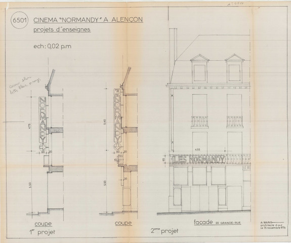 Cinéma "Normandy" à Alençon, aménagement de l'estrade de la salle 1, coupe AB, (architecte : Artémisios WANG, 1/100, 15/05/1979, modifié le : 17/05/1979, plan n°6521), papier.