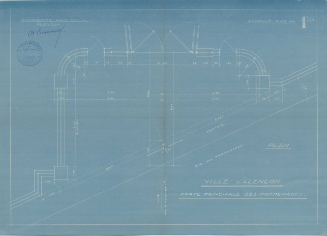Les Promenades, porte principale, clôture, élévation, plan axonométrique (arch : A. Eschbaercher, ech : 0.02, n°1bis, date : 1940).