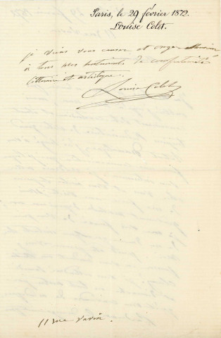 Lettre autographe signée de la femme de lettres Louise Colet au comédien Louis Fortuné Adolphe Laferrière 29 février 1872).