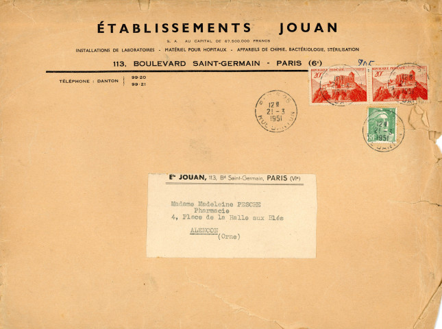 Catalogues, fiches techniques du petit matériel de laboratoire, du matériel spécial pour laboratoires d'analyses médicales, de la verrerie de laboratoire, des étuves bactériologiques,des agitateurs, des centrifugeurs de laboratoire, du photocolorimètre monocellule des établissements Jouan, devis(1951).