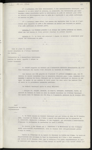 Emprunt de 19 260 F auprès de la caisse des dépôts et consignations pour financement d'un plateau d'évolutions au lycée rue Charles Aveline. Mise en place du premier comité directeur de l'office municipal, désignation de 6 conseillers municipaux, membres de droit, appelés à siéger aux comités directeurs. Taxi, augmentation du nombre réglementaire.