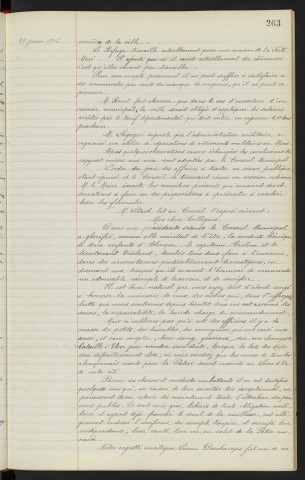 Ouvroir municipal, demande de création présentée par la bourse du travail, nettoyage des effets militaires chez M. Mme HENAULT-Morel, rapport. Capitaine AVELINE, lieutenant VIOLAND tombés face à l'ennemi mais aussi de nombreux Alençonnais dont DESCHAMPS Lucien au 26 ème infanterie territoriale qui participa à la victoire de la Marne mais blessé à Mouchy décédé à l'hôpital d'Osnabrück : demande de M. LETARD
